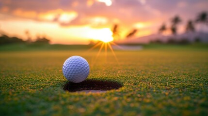 Close up of golf ball near hole with sunset background. generative AI image - obrazy, fototapety, plakaty