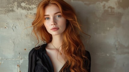 Fototapeta premium A charming red-haired woman in a classic black blouse, exemplifying her refined taste and effortless elegance