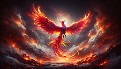 A phoenix rising from a fiery landscape embodies themes of rebirth and power 4K wallpaper - obrazy, fototapety, plakaty