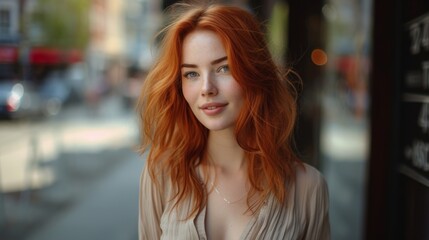 Obraz premium an elegant young woman with bright red hair, posing on a city street in a stylish blouse, showcasing her confidence and modern taste