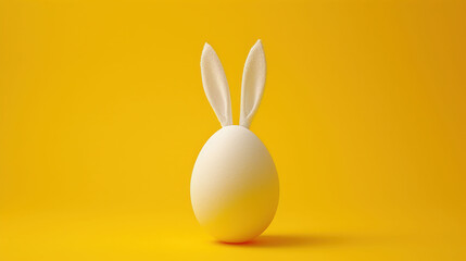  a white egg with a rabbit's ears sticking out of it's side on a bright yellow background.