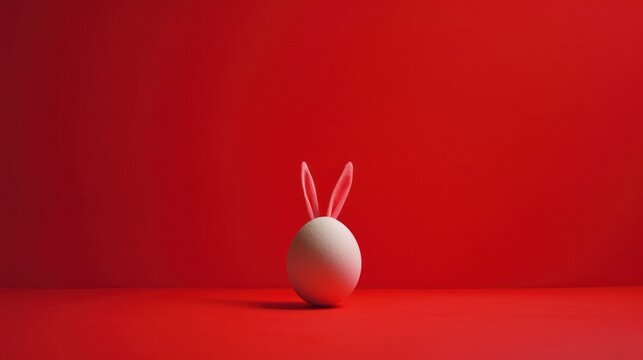  a white egg with a rabbit's head sticking out of it's egg shell on a red background.