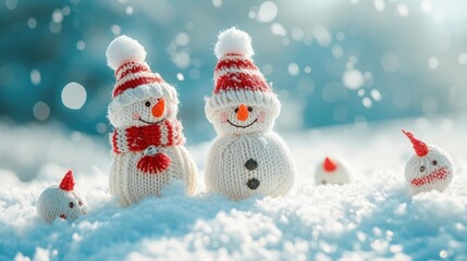 knitted little snowman in the snow on a blur background. generative AI