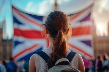 A thoughtful young traveler gazes at the Union Jack, capturing the essence of exploration and...