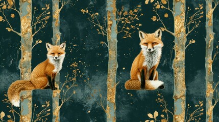  a painting of a fox sitting on top of a tree branch in front of a forest filled with yellow leaves.
