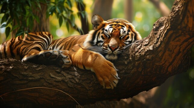 Lonely tiger on a tree branch in the jungle. generative AI image