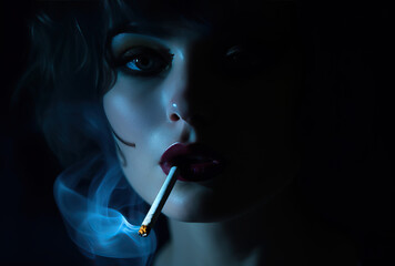 Obraz premium Close up picture of beautiful woman smoking in a dark room with back lighting.