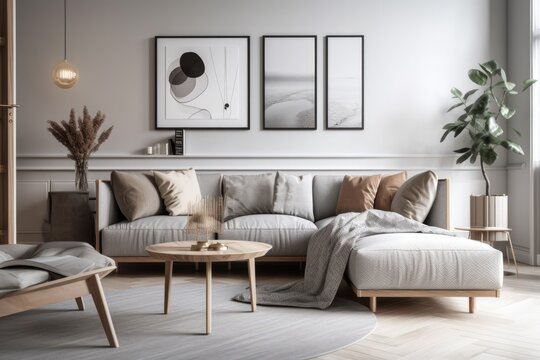 The interior of a Scandinavian living room features a grey sofa, mock up picture frames, plants, pillows, a marble stool, and chic personal items