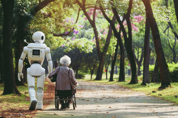 humanoid robot assisting an elderly person with walking in a park