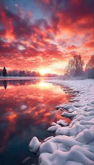 Foto op Plexiglas Winter landscape of a tree by lake at sunset. Pink and orange tones © Koray