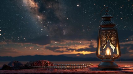 Muslim lamp lanterns and prayer beads on the background of the moon in the sky. copy space