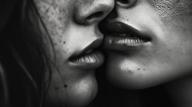  a black and white photo of a woman kissing another woman's face with freckled skin on her face.