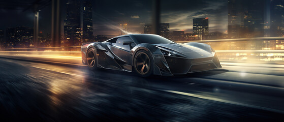 the futuristic electric car concept car driving along a city road at night time, in the style of...