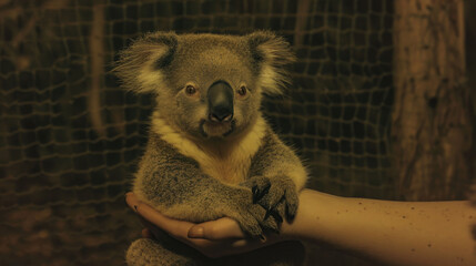  a koala sitting on a person's arm in a caged area with a person's hand holding a koala.