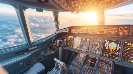 Bright civil airplane cockpit interior with control panel, pilot seats, and dashboard on a sunny day - obrazy, fototapety, plakaty
