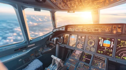 Rolgordijnen Bright civil airplane cockpit interior with control panel, pilot seats, and dashboard on a sunny day © Ilja