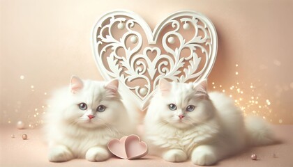 Two white British cats sitting near a retro-style decorative heart on a pastel background bokeh