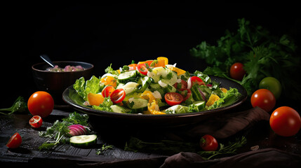 Healthy vegetable salad of fresh tomato, cucumber, onion, spinach, lettuce and sesame on plate. Diet menu.