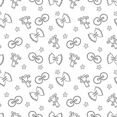 Doodle seamless pattern with farfalle, campanelle pasta illustrations. Hand drawn food ingredients on line art vector background. Italian cuisine elements for wrapping, packaging, print