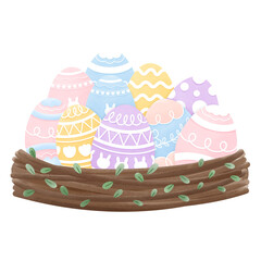 Easter eggs in the nest with green leaves