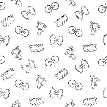 Doodle seamless pattern with farfalle, campanelle pasta illustrations. Hand drawn food ingredients on line art vector background. Italian cuisine elements for wrapping, packaging, print