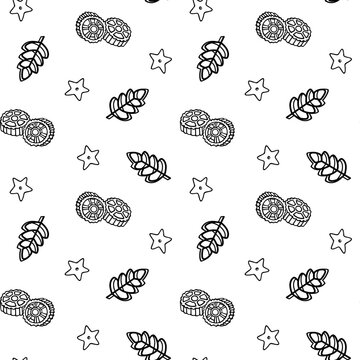 Doodle seamless pattern with stelle, ruote, farfalle pasta illustrations. Hand drawn food ingredients on line art vector background. Italian cuisine elements for wrapping, packaging, print