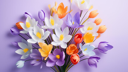 Kwiatowe fioletowe minimalistyczne tło z krokusami na życzenia z okazji Dnia Kobiet, Dnia Matki, Dnia Babci, Urodzin czy pierwszego dnia wiosny. Szablon na baner lub mockup.  - obrazy, fototapety, plakaty
