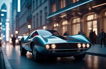 Naklejka premium Futuristic car against the backdrop of bright city streets. Illustration by Generation AI.