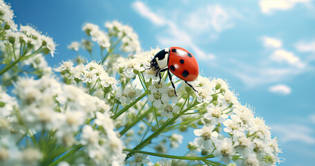 Close up macro shot of lady bug in spring. Amazing colors of nature.