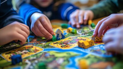 Close up of children s hands playing a board game with intense focus and concentration