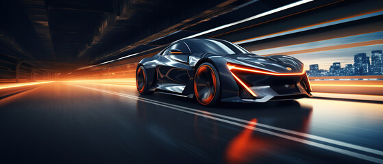 the futuristic electric car concept car driving along a city road at night time, in the style of...