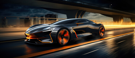 the futuristic electric car concept car driving along a city road at night time, in the style of vray tracing