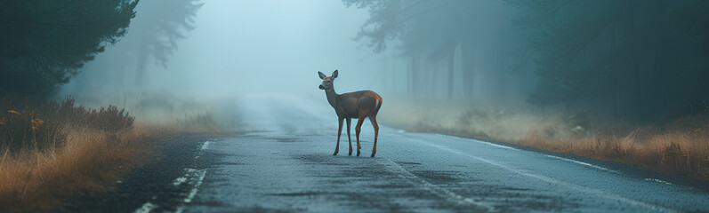 A wild deer in the middle of a road. A car behind.
 - obrazy, fototapety, plakaty