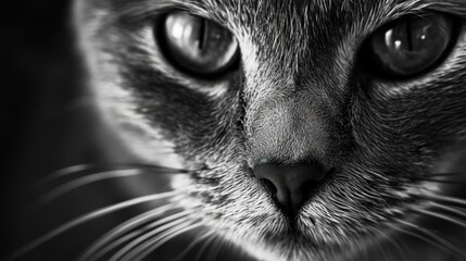  a black and white photo of a cat's face with a blurry look on it's face.