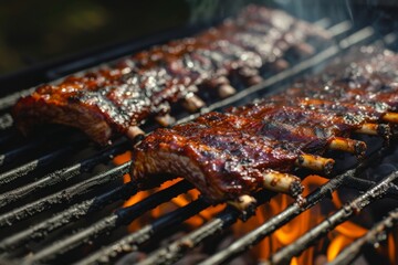 Flavorful ribs sizzle on a charcoal grill, infusing the air with the essence of smoky barbecue and the anticipation of a mouthwatering meal