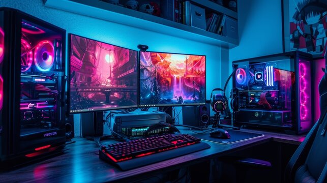 A modern studio setup featuring a sleek computer desk adorned with multiple monitors and a keyboard, perfect for creating music and immersing oneself in the digital world of electronics