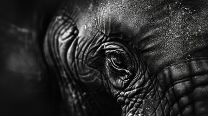  a close up of an elephant's face with water droplets on it's skin and the eye of the elephant.