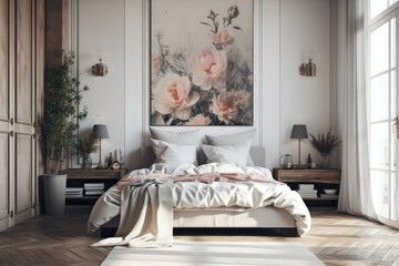 A fashionable bedroom with a king size bed, wooden nightstands, and gray elegant paintings on a white wall with a natural rug on the floor