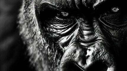  a close up of a gorilla's face with a black and white photo of it's upper half.