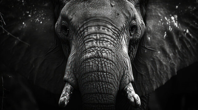  a black and white photo of an elephant's head and tusks and tusks are visible.