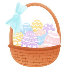 Cute basket with blue bow tie with easter eggs