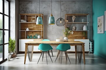 Modern dining room design in a rural apartment; white and turquoise color scheme; handcrafted wooden table; rattan seats; and shelved, molded concrete walls. background graphics with copy space