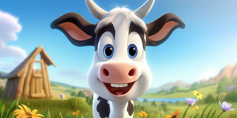Cute cartoon cow illustration in the green field of nature 