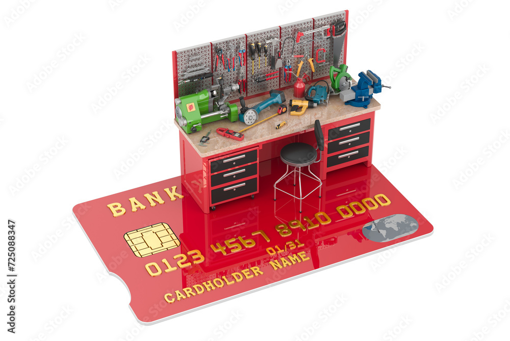 Canvas Prints Maintenance Work Table full of construction tools with credit card, 3D rendering isolated on transparent background