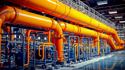 Large group of orange pipes in building with blue floor and sky background.
