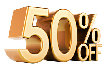 50 percent discount. Golden 50 percent off, text. Discount and sale, concept. 3D rendering isolated on transparent background