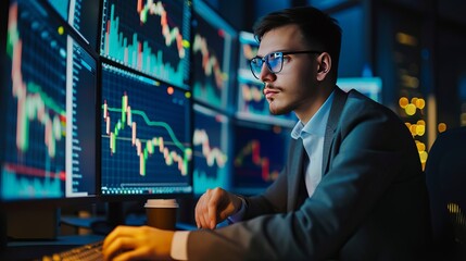 financial trading manager examining financial data, investment plan, and charted stock market indicators - obrazy, fototapety, plakaty