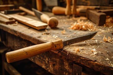 A vintage wooden chisel rests on a workbench, a formidable weapon in the hands of a skilled craftsman, its sharp blade ready to carve intricate designs into the smooth surface of the wood