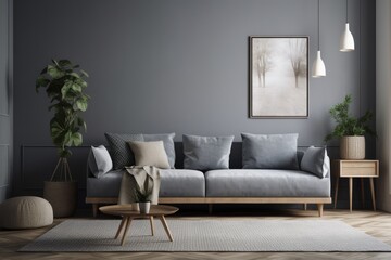 grey sofa with a Scandinavian flair. walls that are blue and have copy space. minimal in scope. digital representation