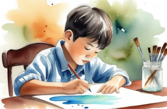 little asian boy drawing on sheet of paper, watercolor illustration. creative hobby, doing homework